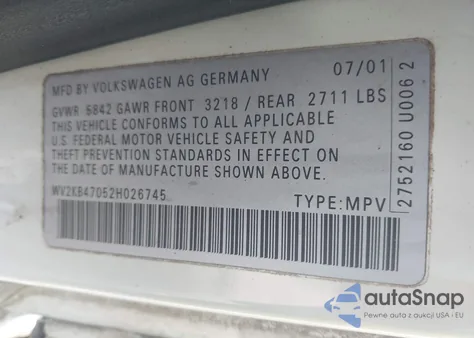 2002 Volkswagen Eurovan Gls из США, поврежденный, VIN WV2KB47052H026745